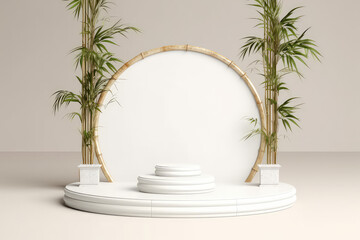 White round product podium stage in minimal, eco-friendly style, with green bamboo, light colors. Product display for showing natural cosmetics. Generative AI 3d render imitation.