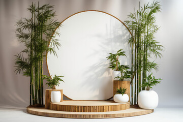 White wooden round product podium stage in minimal, eco-friendly style, with green bamboo. Product display for showing natural cosmetics. Generative AI 3d render imitation.