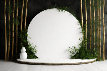 White round product podium stage in minimal, eco-friendly style, with green bamboo wall. Product display for showing natural cosmetics. Generative AI 3d render imitation.