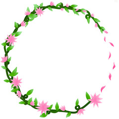 A circular frame surrounded by vine leaves and flowers. Pink flowers