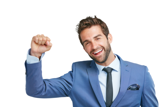 Fist pump, portrait of a businessman celebrating and smile isolated against a transparent png background. Achievement or success, winner or victory and male accountant celebrating for good news