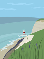 Vector landscape with sea and a lighthouse - 614089203