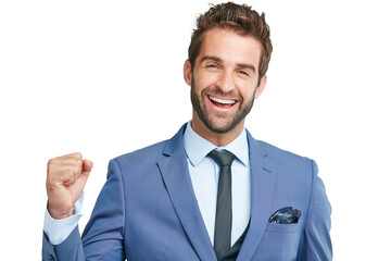 Stock market, portrait or excited businessman in celebration of deal isolated on transparent png background. Financial, winner or happy accountant celebrating good news, target or success with smile