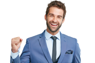 Stock market, portrait or excited businessman in celebration of deal isolated on transparent png background. Financial, winner or happy accountant celebrating good news, target or success with smile