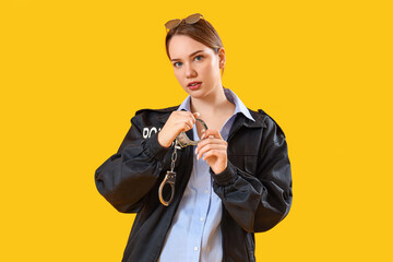 Female police officer with handcuffs on yellow background