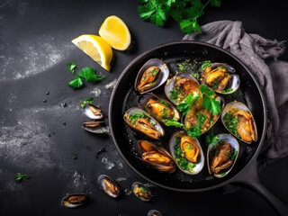 Fried mussels with garlic, parsley, lemon and spices on a black stone background