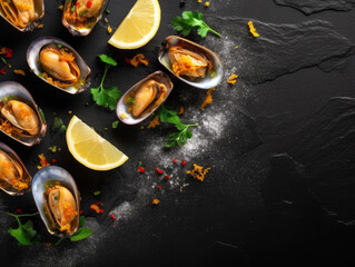 Fototapeta na wymiar Fried mussels with garlic, parsley, lemon and spices on a black stone background