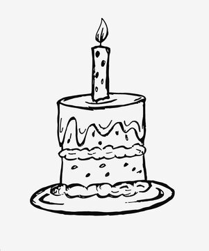 Cake with candles - black outline on a white background - graphic image