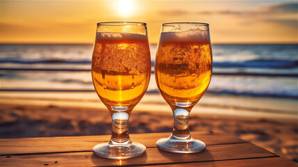 Two Glasses with Beer on Summer Beach Background. Food & Drink Photography