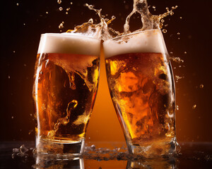 Two Glasses with Beer Colliding with Splash. Hero shot. Food & Drink Photography