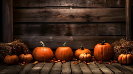 Rustic Halloween: Autumn Pumpkins on Wooden Background