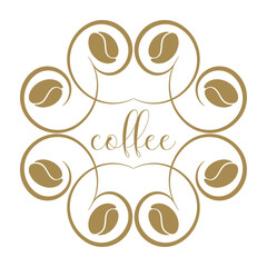 Golden coffee beans, coffee logo.