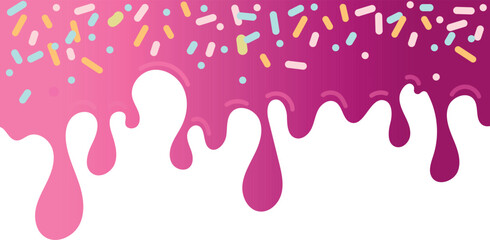 Pink soft ice cream, splashes of sweet candies, long border, seamless banner pattern, vector white background