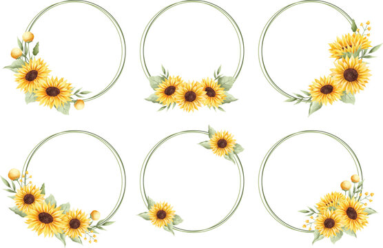 Watercolor Illustration set of beautiful sunflower wreath frame