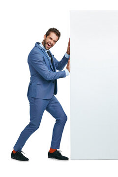 Moving, portrait or businessman pushing wall with power isolated on transparent png background. Worker, suit or entrepreneur walking to move heavy problem, challenge or barrier with physical effort