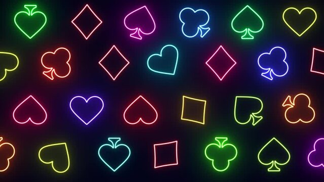 neon gambling animation of four playing card suits heart, spade, diamond and club shapes on black background, 4K abstract gambling loop background