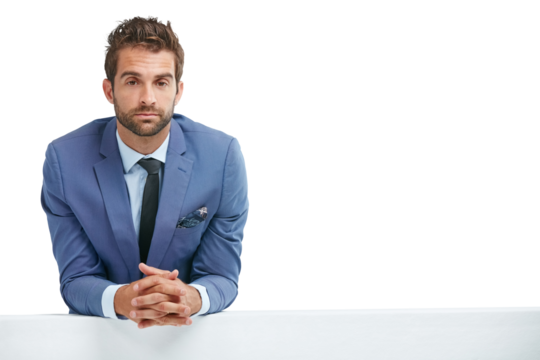 Business man, portrait and serious with professional in suit isolated on transparent png background. Career, CEO and male person with power, corporate boss and leaning against wall with confidence - Powered by Adobe