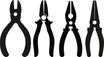  Black silhouette of Instrument for difficult work spanner scissors pincers flat vector 