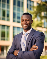 Smiling executive with arms crossed in front of office building