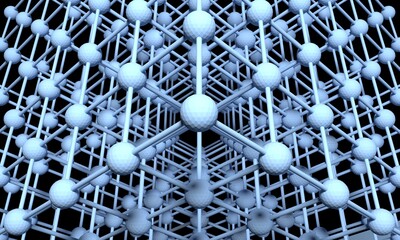 crystal lattice of conditional molecules and their bonds on a dark background. 3D image