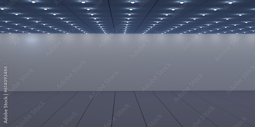 Poster the wall is cold in color with dim lighting from a row of ceiling lights. blank for an inscription o