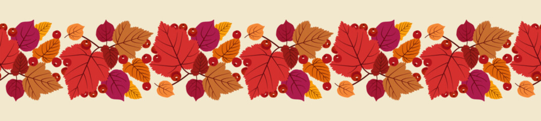 Autumn leaf fall horizontal border. Thanksgiving and Harvest. Seamless pattern with colorful leaves and berries. Vector illustration