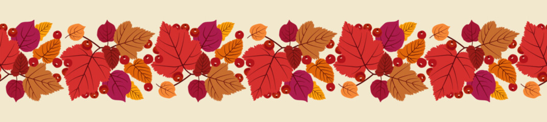 Fototapeta premium Autumn leaf fall horizontal border. Thanksgiving and Harvest. Seamless pattern with colorful leaves and berries. Vector illustration