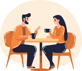 Hand Drawn couple characters sitting and drinking coffee in flat style