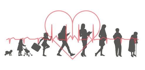 Women, stages of development. Silhouettes against the background of a heartbeat. Life from birth to old age.