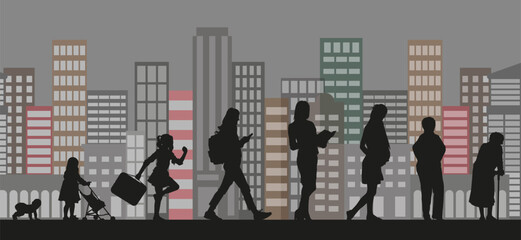 Women, stages of development. Silhouettes against the background of the city, metropolis. Life from birth to old age.
