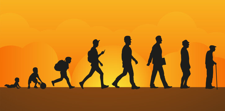 Men, stages of development. Silhouettes against the sunset. Life from birth to old age.