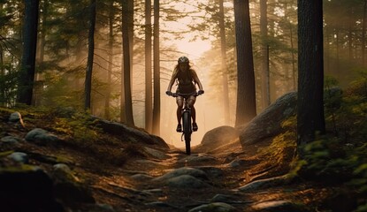 Woman rides her mountain bike through a dense forest illuminated by the warm glow of the setting sun.