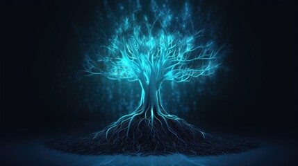 electronic digital blue tree with intricately woven roots stands tall against a dark background. The vibrant blue hues radiate a sense of energy and technology, root system connection