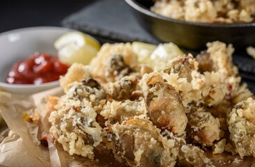 Crispy Delights: Close-Up of Deep-Fried Oysters in 4K Resolution