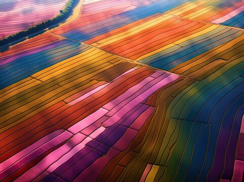 Aerial view captures the breathtaking sight of vast tulip fields stretching to the horizon. Brilliant hues of red, pink, yellow, and purple paint the landscape