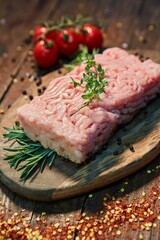 Raw meat in the form of minced meat on a wooden cutting board. Raw food for cooking.