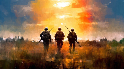 three soldiers with weapons go out into the field at sunset. Generative Ai. 