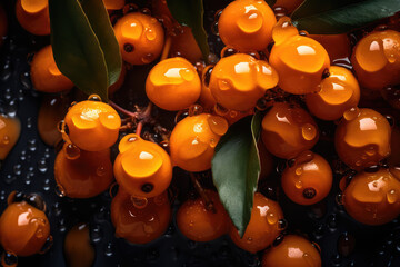 Top view close-up of fresh orange buckthorn with leaves in drops of juice on black background. Sea Berry wallpaper, fresh buckthorns banner. Generative AI professional photo imitation. - obrazy, fototapety, plakaty