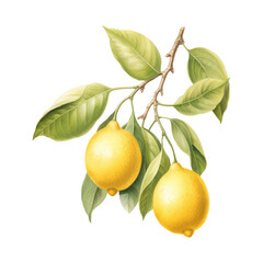 Botanical illustration, branch with lemons in retro style, PNG. Generative AI