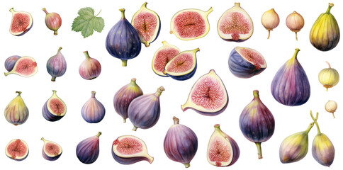 Figs botanical illustration collection, cut figs, whole figs PNG. Generative AI