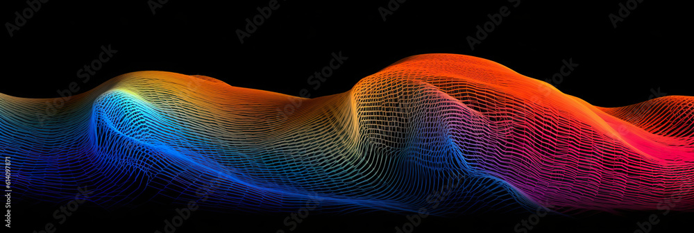 Poster a wave of colored lines on a black background. generative ai.
