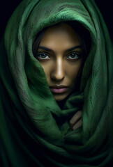An Arabic woman covered in green veil cloth looking straight to camera, feminine imagery 