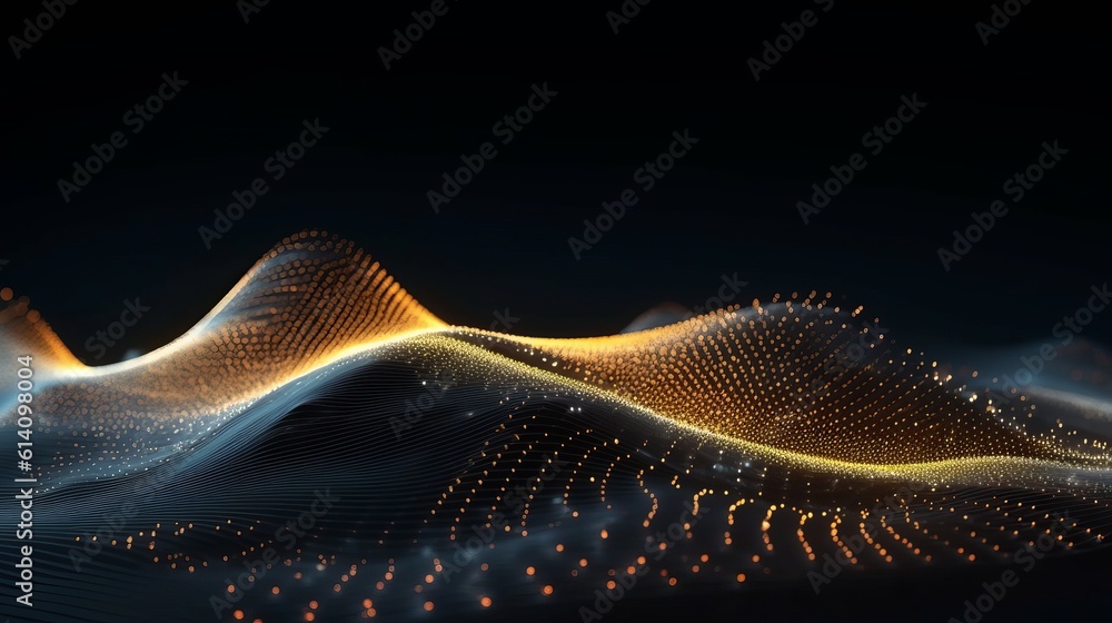 Poster abstract futuristic data technology illustration: wave of connecting dots and lines on dark backgrou