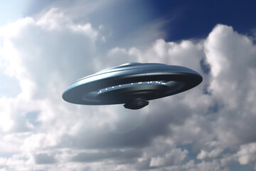 Fototapeta premium UFO flying saucer spaceship from outer space which is an extra-terrestrial alien craft to planet Earth and an unidentified aerial phenomena, computer Generative AI stock illustration image