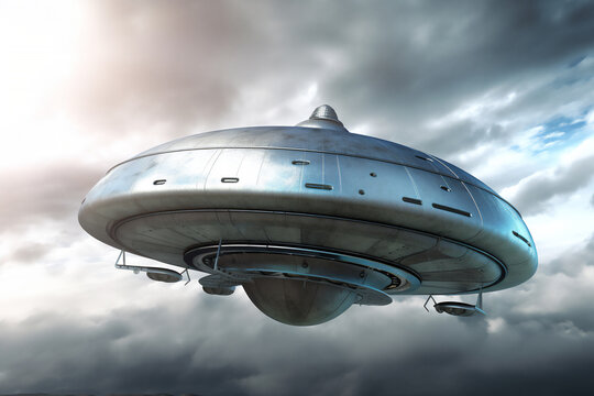 UFO flying saucer spaceship from outer space which is an extra-terrestrial alien craft to planet Earth and an unidentified aerial phenomena, computer Generative AI stock illustration image