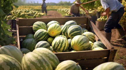 people gather watermelons in the field on a sunny day. Generative Ai. 
