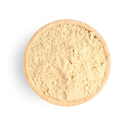 Wooden bowl with sesame flour on white background