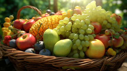 large basket of freshly harvested fruit. Generative Ai. 