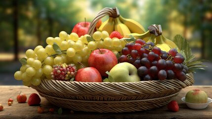Obraz premium fruit basket standing on a wooden table. Generative Ai. 
