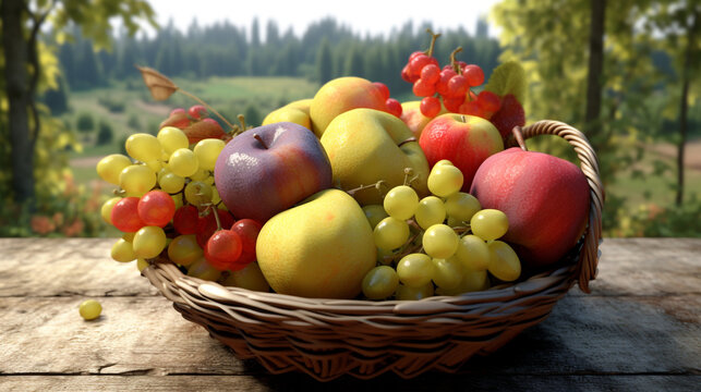 fruit basket standing on a wooden table against the backdrop of the forest. Generative Ai. 